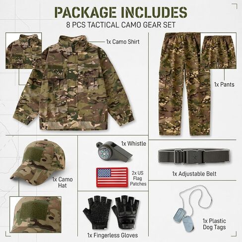 Klocerg Kids Tactical Camo 8-Pc Set, Boys Soldier Role Play Halloween Costume, Outdoor Army Uniform, Hat Belt Gloves Whistle in Saudi Arabia