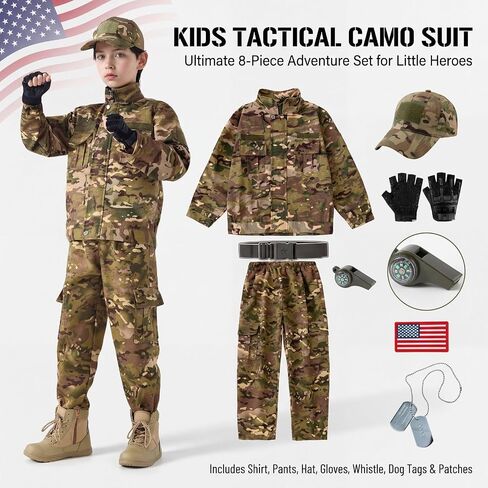 Klocerg Kids Tactical Camo 8-Pc Set, Boys Soldier Role Play Halloween Costume, Outdoor Army Uniform, Hat Belt Gloves Whistle in Saudi Arabia