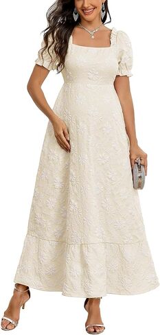 AISWI Floral Jacquard Square Neck Puff Sleeve Maternity Dress A Line Maxi Pregnancy Dresses Baby Shower Photoshoot in Kuwait