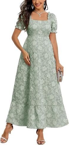 AISWI Floral Jacquard Square Neck Puff Sleeve Maternity Dress A Line Maxi Pregnancy Dresses Baby Shower Photoshoot in Kuwait