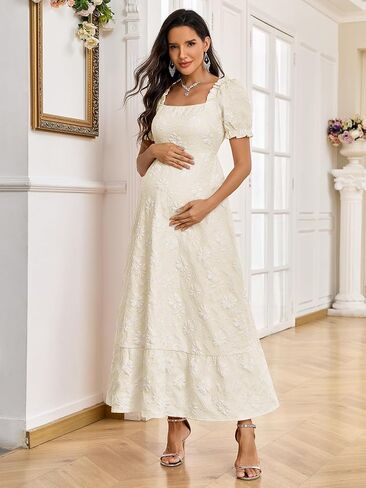 AISWI Floral Jacquard Square Neck Puff Sleeve Maternity Dress A Line Maxi Pregnancy Dresses Baby Shower Photoshoot in Kuwait