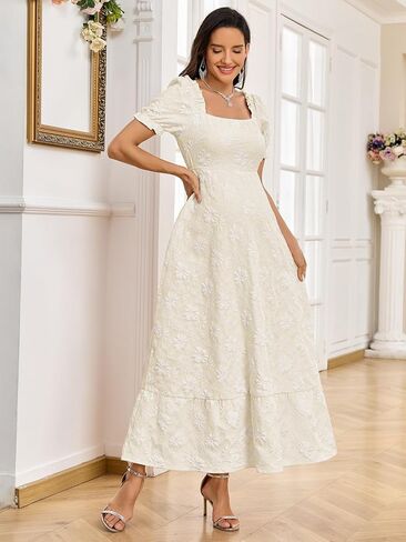 AISWI Floral Jacquard Square Neck Puff Sleeve Maternity Dress A Line Maxi Pregnancy Dresses Baby Shower Photoshoot in Kuwait