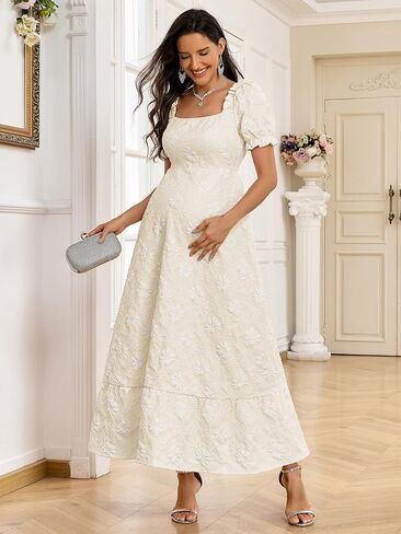 AISWI Floral Jacquard Square Neck Puff Sleeve Maternity Dress A Line Maxi Pregnancy Dresses Baby Shower Photoshoot in Kuwait