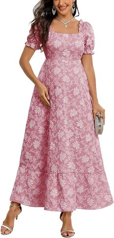AISWI Floral Jacquard Square Neck Puff Sleeve Maternity Dress A Line Maxi Pregnancy Dresses Baby Shower Photoshoot in Kuwait