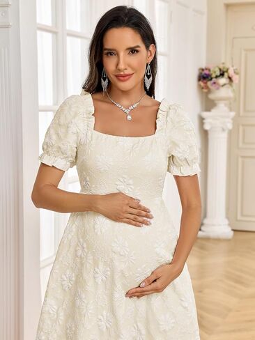 AISWI Floral Jacquard Square Neck Puff Sleeve Maternity Dress A Line Maxi Pregnancy Dresses Baby Shower Photoshoot in Kuwait