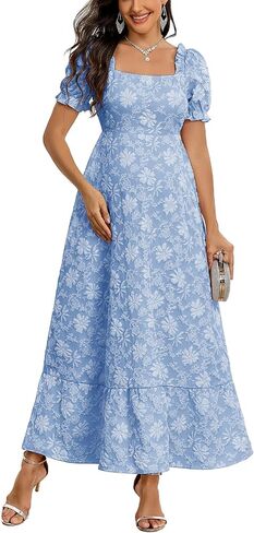 AISWI Floral Jacquard Square Neck Puff Sleeve Maternity Dress A Line Maxi Pregnancy Dresses Baby Shower Photoshoot in Kuwait