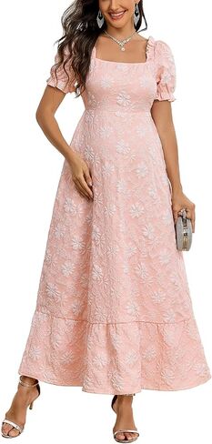 AISWI Floral Jacquard Square Neck Puff Sleeve Maternity Dress A Line Maxi Pregnancy Dresses Baby Shower Photoshoot in Kuwait