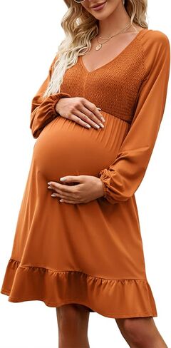 Coolmee Women's Maternity Long Sleeve Ruffle Dress V Neck Smocked Fall Casual Flowy Midi Dress for Baby Shower Photoshoot Long Sleeve Caramel L in Saudi Arabia