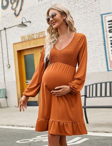 Coolmee Women's Maternity Long Sleeve Ruffle Dress V Neck Smocked Fall Casual Flowy Midi Dress for Baby Shower Photoshoot Long Sleeve Caramel L in Saudi Arabia
