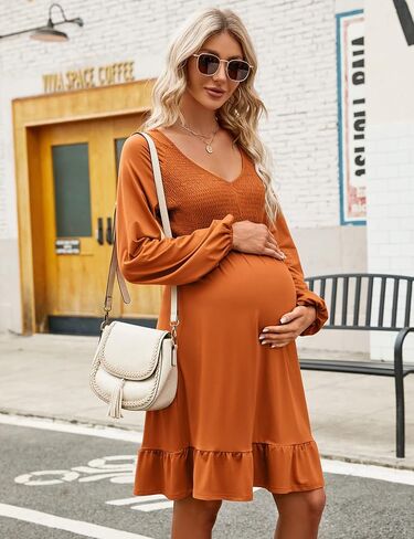 Coolmee Women's Maternity Long Sleeve Ruffle Dress V Neck Smocked Fall Casual Flowy Midi Dress for Baby Shower Photoshoot Long Sleeve Caramel L in Saudi Arabia