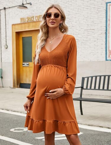Coolmee Women's Maternity Long Sleeve Ruffle Dress V Neck Smocked Fall Casual Flowy Midi Dress for Baby Shower Photoshoot Long Sleeve Caramel L in Saudi Arabia
