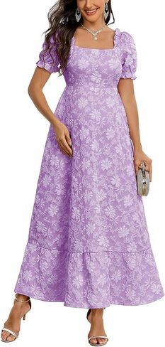 AISWI Floral Jacquard Square Neck Puff Sleeve Maternity Dress A Line Maxi Pregnancy Dresses Baby Shower Photoshoot in Kuwait