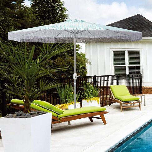 In The Swim 9' Steel Umbrella Aquamarine Fringe - Powder-Coated, Rust-Free Frame, Weather-Resistant with Easy Open Manual Crank in Saudi Arabia