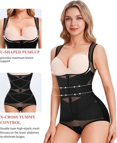 KUMAYES Zipper Shapewear for Women Tummy Control Bodysuit Slimming Faja Body Shaper Open Bust Waist Trainer for Daily Wear in Saudi Arabia