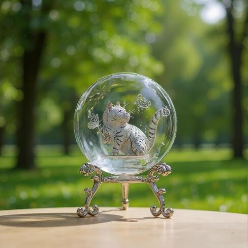 3D Laser Engraved Crystal Ball with Cat Holding Flower and Butterflies – Glass Figurine Gift for Cat Lovers with Stand in Kuwait