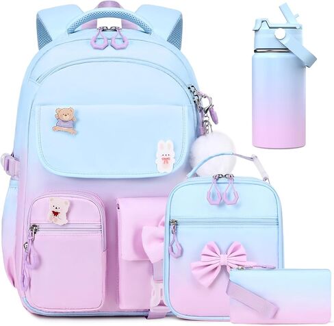 ACESAK Backpack for Girls with Insulated Water Bottle, Bow Tie Plaid Bookbag for Girls Kids, 14oz Kids Water Bottle Stainless Steel, Lunch Bag & Pencial Case, Back To School Gift (Blue Purple) in Saudi Arabia