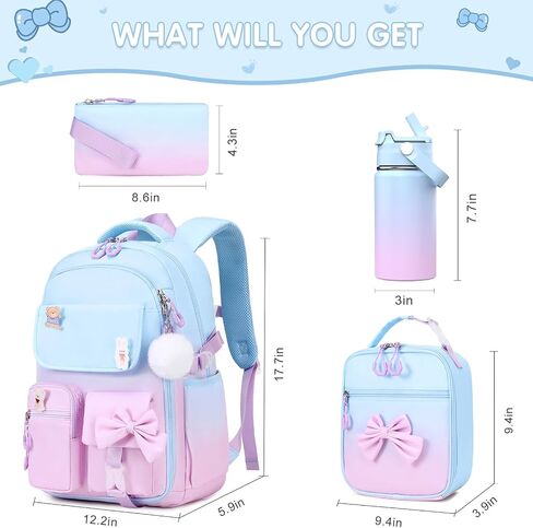 ACESAK Backpack for Girls with Insulated Water Bottle, Bow Tie Plaid Bookbag for Girls Kids, 14oz Kids Water Bottle Stainless Steel, Lunch Bag & Pencial Case, Back To School Gift (Blue Purple) in Saudi Arabia