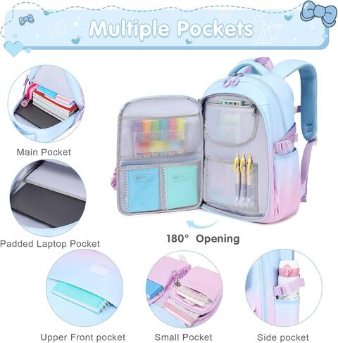 ACESAK Backpack for Girls with Insulated Water Bottle, Bow Tie Plaid Bookbag for Girls Kids, 14oz Kids Water Bottle Stainless Steel, Lunch Bag & Pencial Case, Back To School Gift (Blue Purple) in Saudi Arabia