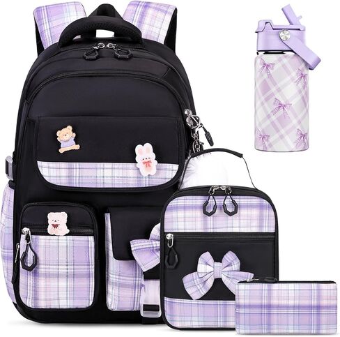 ACESAK Backpack for Girls with Insulated Water Bottle, Bow Tie Plaid Bookbag for Girls Kids, 14oz Kids Water Bottle Stainless Steel, Lunch Bag & Pencial Case, Back To School Gift (Blue Purple) in Saudi Arabia