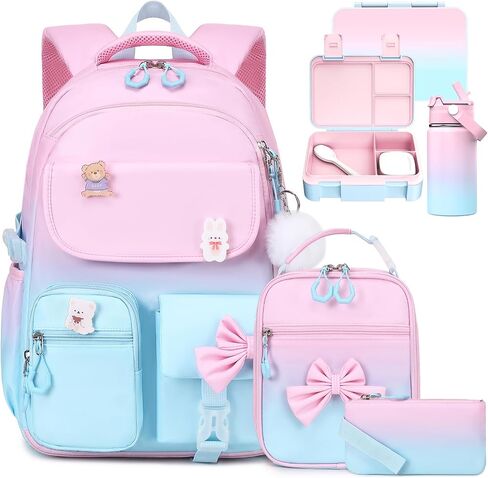 ACESAK Backpack for Girls with Insulated Water Bottle, Bow Tie Plaid Bookbag for Girls Kids, 14oz Kids Water Bottle Stainless Steel, Lunch Bag & Pencial Case, Back To School Gift (Blue Purple) in Saudi Arabia