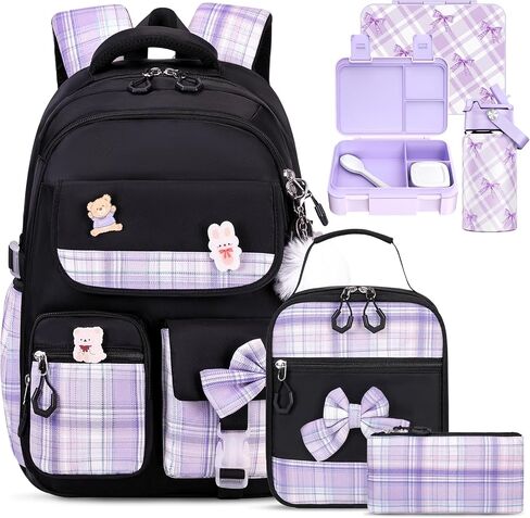 ACESAK Backpack for Girls with Insulated Water Bottle, Bow Tie Plaid Bookbag for Girls Kids, 14oz Kids Water Bottle Stainless Steel, Lunch Bag & Pencial Case, Back To School Gift (Blue Purple) in Saudi Arabia