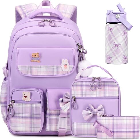 ACESAK Backpack for Girls with Insulated Water Bottle, Bow Tie Plaid Bookbag for Girls Kids, 14oz Kids Water Bottle Stainless Steel, Lunch Bag & Pencial Case, Back To School Gift (Blue Purple) in Saudi Arabia