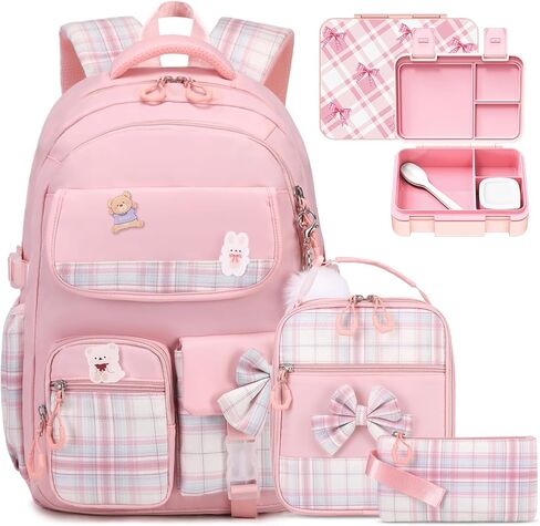ACESAK Backpack for Girls with Insulated Water Bottle, Bow Tie Plaid Bookbag for Girls Kids, 14oz Kids Water Bottle Stainless Steel, Lunch Bag & Pencial Case, Back To School Gift (Blue Purple) in Saudi Arabia