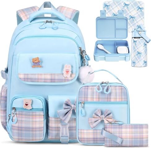 ACESAK Backpack for Girls with Insulated Water Bottle, Bow Tie Plaid Bookbag for Girls Kids, 14oz Kids Water Bottle Stainless Steel, Lunch Bag & Pencial Case, Back To School Gift (Blue Purple) in Saudi Arabia