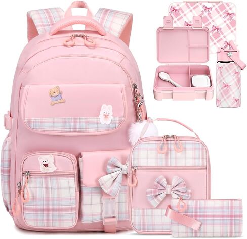 ACESAK Backpack for Girls with Insulated Water Bottle, Bow Tie Plaid Bookbag for Girls Kids, 14oz Kids Water Bottle Stainless Steel, Lunch Bag & Pencial Case, Back To School Gift (Blue Purple) in Saudi Arabia