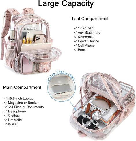 Hidds Clear Backpack for Girls Women Large School Bag Heavy Duty Transparent Backpacks College See Through Bookbag for Stadium Events School Work Festival Security Cute Kids Clear Pink Bow Back Pack in Saudi Arabia