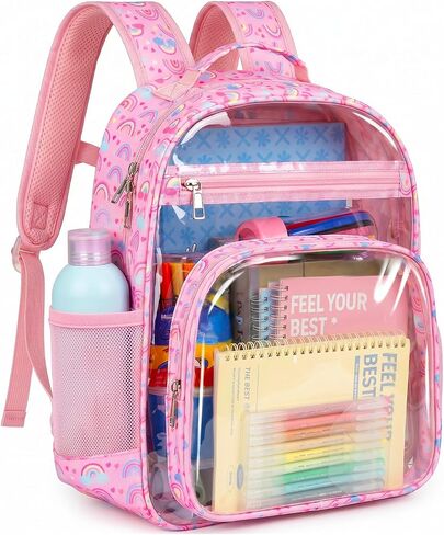 Soimeat Clear Backpack for Girls, 15" Kids Clear Bookbag, Fabric & PVC See Through Bookbag with Reinforced Straps, Transparent Backpacks for Kindergarten Elementary School Travel, Pink Rainbow in Saudi Arabia