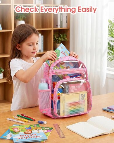 Soimeat Clear Backpack for Girls, 15" Kids Clear Bookbag, Fabric & PVC See Through Bookbag with Reinforced Straps, Transparent Backpacks for Kindergarten Elementary School Travel, Pink Rainbow in Saudi Arabia