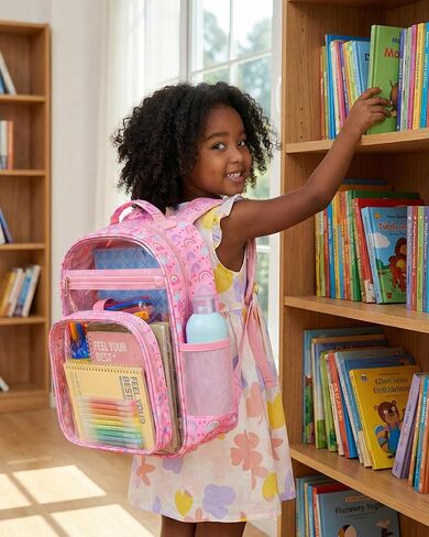 Soimeat Clear Backpack for Girls, 15" Kids Clear Bookbag, Fabric & PVC See Through Bookbag with Reinforced Straps, Transparent Backpacks for Kindergarten Elementary School Travel, Pink Rainbow in Saudi Arabia