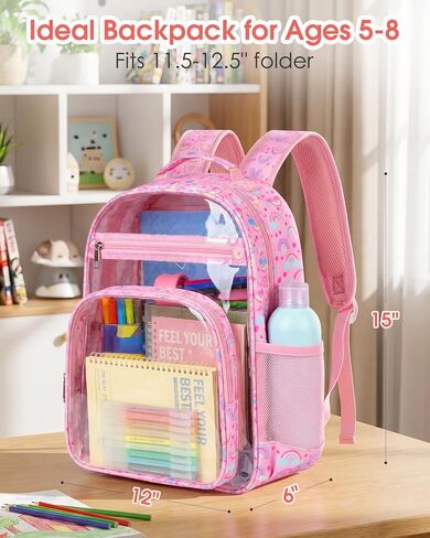 Soimeat Clear Backpack for Girls, 15" Kids Clear Bookbag, Fabric & PVC See Through Bookbag with Reinforced Straps, Transparent Backpacks for Kindergarten Elementary School Travel, Pink Rainbow in Saudi Arabia