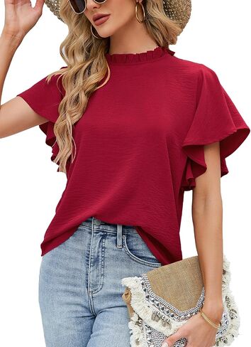 Aifer Womens Tops Dressy Casual Summer Fashion 2026 Ruffle Short Sleeve Shirts Red Blouses Trendy Elegant Work Office Business Professional Wear in Saudi Arabia
