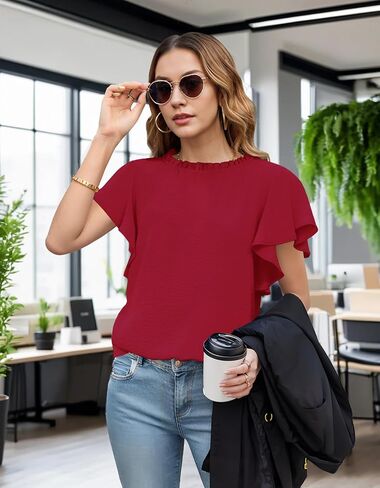 Aifer Womens Tops Dressy Casual Summer Fashion 2026 Ruffle Short Sleeve Shirts Red Blouses Trendy Elegant Work Office Business Professional Wear in Saudi Arabia
