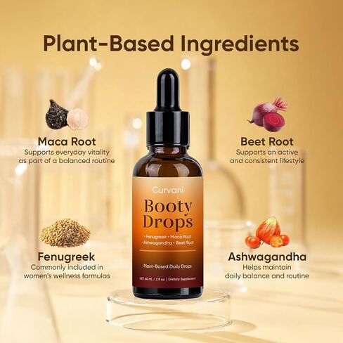 Curvani Booty Drops for Women, Herbal Liquid Blend with Maca, Ashwagandha, Fenugreek & Beet Root, Botanical Daily Formula, 2 fl oz in Saudi Arabia