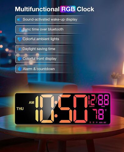 Large Digital Wall Clocks Bluetooth Sync Time,16" Digital Wall Clock Large Display for Classroom,Big Led Wall Clock with RGB Color,Date,Week,Alarm,Temp for Living Room,Bedroom,Gym,Office in Saudi Arabia