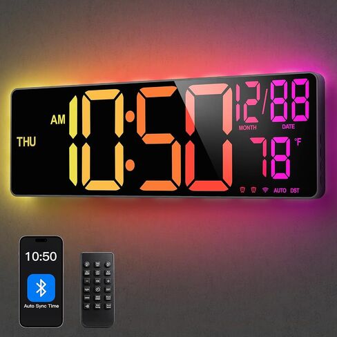 Large Digital Wall Clocks Bluetooth Sync Time,16" Digital Wall Clock Large Display for Classroom,Big Led Wall Clock with RGB Color,Date,Week,Alarm,Temp for Living Room,Bedroom,Gym,Office in Saudi Arabia