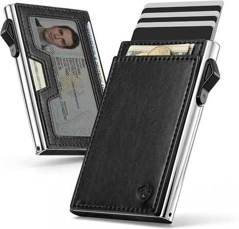 Bauhaus Slim Wallet for Men | RFID NFC Blocking Automatic Ejector | Pop-Up Card Holder Premium Leather Front Pocket Minimalist Mens Wallet Holds 7 Cards + ID + Cash | Gift for Men Black and Sliver in Saudi Arabia