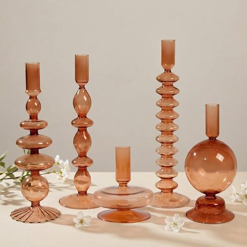 5 Pcs Amber Glass Candle Holders - Groovy Wavy Pillar & Taper Candlesticks for Wedding Christmas Halloween Party Home Windowsill Decor in Saudi Arabia