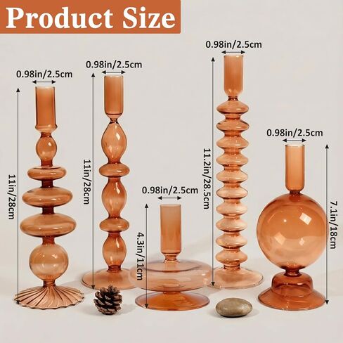 5 Pcs Amber Glass Candle Holders - Groovy Wavy Pillar & Taper Candlesticks for Wedding Christmas Halloween Party Home Windowsill Decor in Saudi Arabia