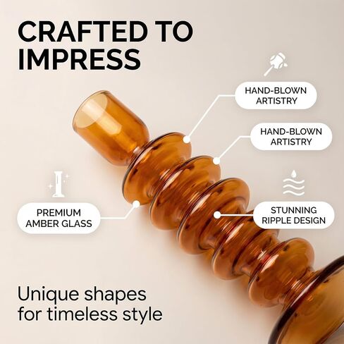5 Pcs Amber Glass Candle Holders - Groovy Wavy Pillar & Taper Candlesticks for Wedding Christmas Halloween Party Home Windowsill Decor in Saudi Arabia