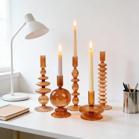 5 Pcs Amber Glass Candle Holders - Groovy Wavy Pillar & Taper Candlesticks for Wedding Christmas Halloween Party Home Windowsill Decor in Saudi Arabia