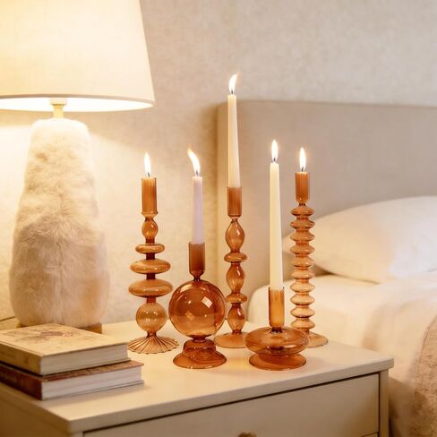 5 Pcs Amber Glass Candle Holders - Groovy Wavy Pillar & Taper Candlesticks for Wedding Christmas Halloween Party Home Windowsill Decor in Saudi Arabia