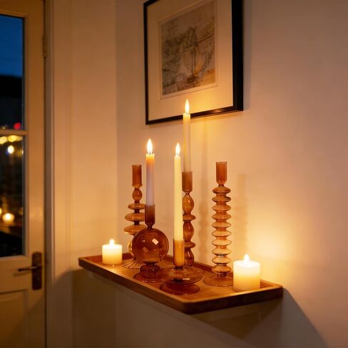 5 Pcs Amber Glass Candle Holders - Groovy Wavy Pillar & Taper Candlesticks for Wedding Christmas Halloween Party Home Windowsill Decor in Saudi Arabia