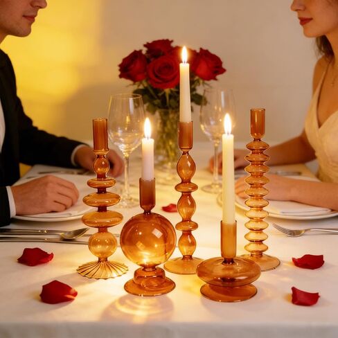 5 Pcs Amber Glass Candle Holders - Groovy Wavy Pillar & Taper Candlesticks for Wedding Christmas Halloween Party Home Windowsill Decor in Saudi Arabia
