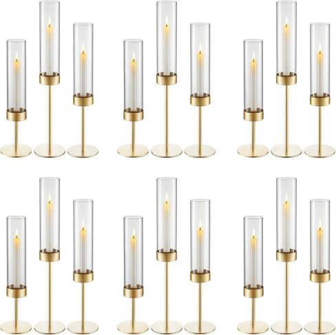 VEVOR Hurricane Candle Holders Set of 18, Gold Metal Stand with Clear Glass Cylinders, Elegant Tiered Centerpieces Wind Protection for Wedding, Table Centerpieces, Party, Home Decor, Modern Style in Kuwait