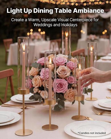 VEVOR Hurricane Candle Holders Set of 18, Gold Metal Stand with Clear Glass Cylinders, Elegant Tiered Centerpieces Wind Protection for Wedding, Table Centerpieces, Party, Home Decor, Modern Style in Kuwait