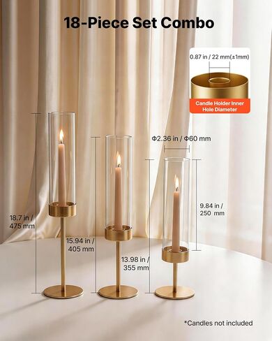 VEVOR Hurricane Candle Holders Set of 18, Gold Metal Stand with Clear Glass Cylinders, Elegant Tiered Centerpieces Wind Protection for Wedding, Table Centerpieces, Party, Home Decor, Modern Style in Kuwait